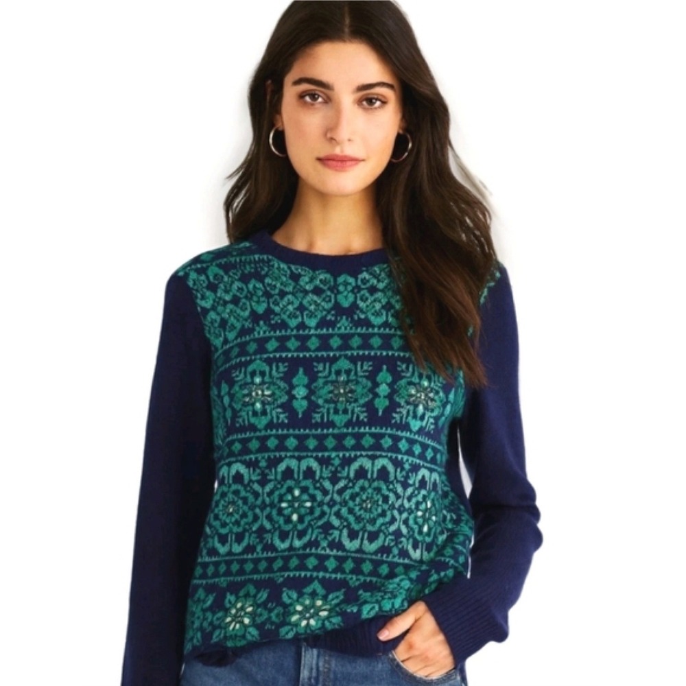 Vineyard Vines Womens Fair Isle Cashmere Sweater‎ S Blue Rhinestones Wool Nordic